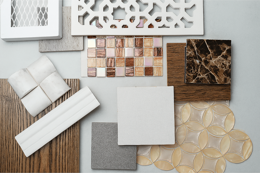 Assorted interior design material samples including tiles, wood, marble, and decorative panels for upscale condo finishing options.